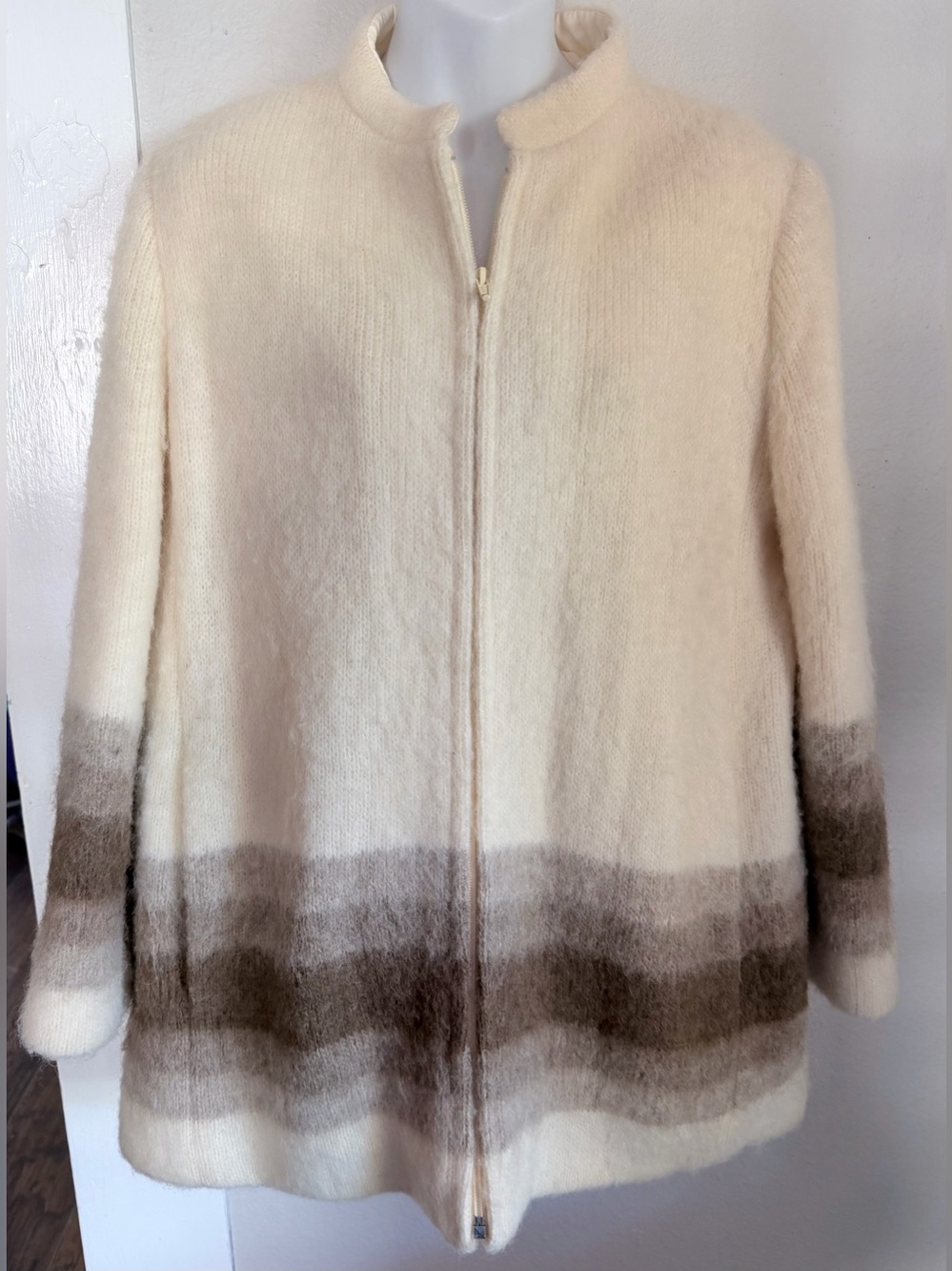 Vintage Hilda LTD Iceland 100% Wool  Cream Brown Zip Nordic Coat Women M
